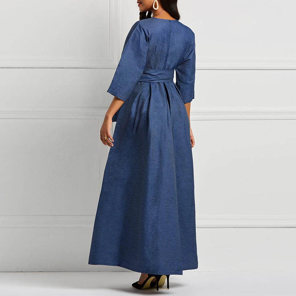 Sisjuly Office Lady Vintage Elegant Party Hot Женщины Длинные Платья Повседневная Джинсовая Ретро Обычная Кружева Лук Опрятный Женский Синий Макси Платье