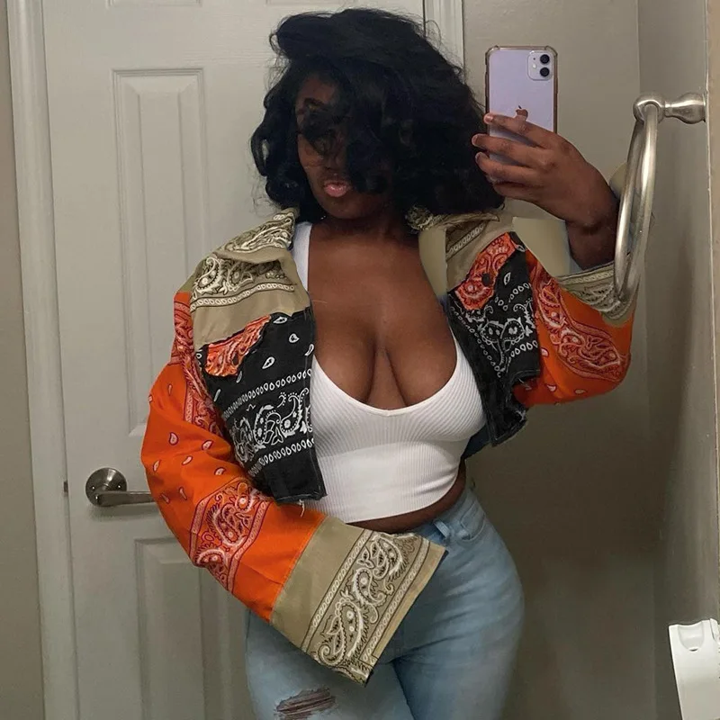 

Куртка женская джинсовая в стиле пэчворк, Укороченный свитшот с винтажным принтом, повседневная верхняя одежда, Y2k