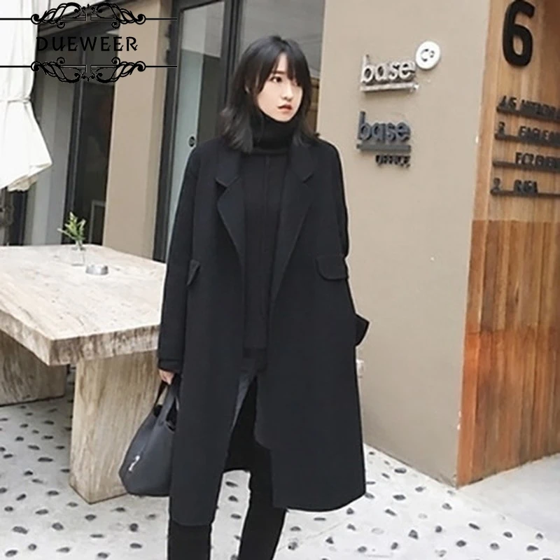 

DUEWEER Wool Blends Women Overcoats Turn-Down Collar Retro Solid Pocket Autumn Long Elegant Fashion Loose Ulzzang Korean Style