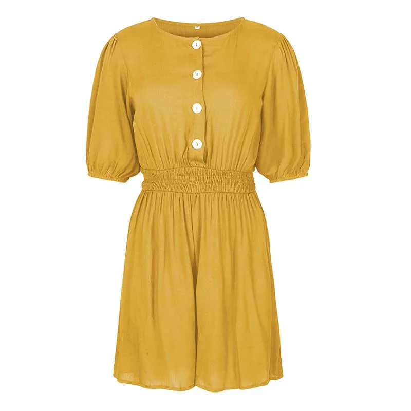 

Women Casual Solid Button Decoration Round Neck Five-point Sleeve Jumpsuit Elastic Waist Sexy Shorts Elegant Street Playsuits