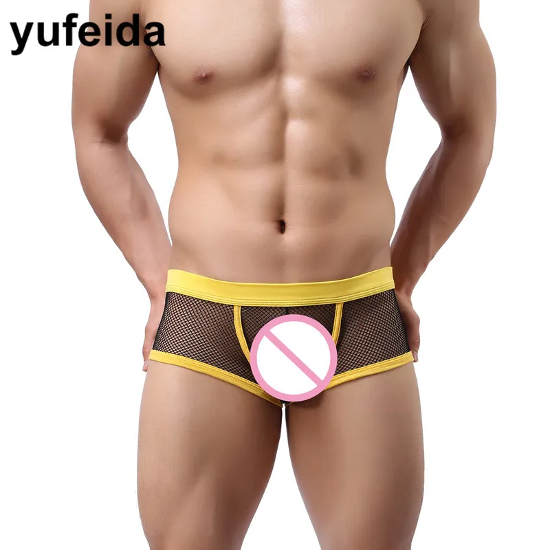 Сексуальное мужское нижнее белье боксеры трусы с низкой талией сетчатые