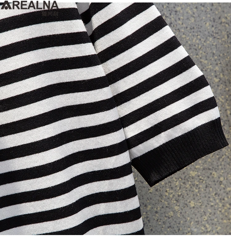 

Ice silk T Shirt Women Knitted Striped Thin bow Tee Shirt Femme plus size Summer Tops Short Sleeve Casual T-Shirt Female L-4XL