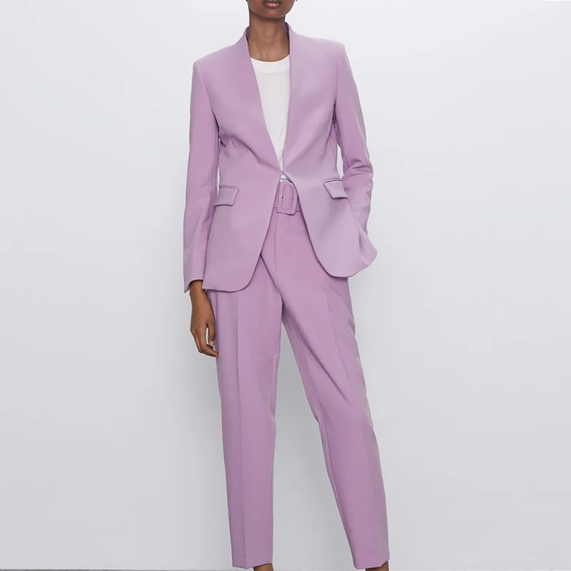 

Za Women's Pants Suit Office Blazer Solid Jackets Elegant Coat Female 2 Piece Set 2021 Slim Outfit With Belt High Waist Trousers