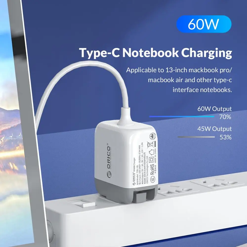 Зарядное устройство ORICO с USB кабелем Type C 18/30/45 Вт|Зарядные устройства для