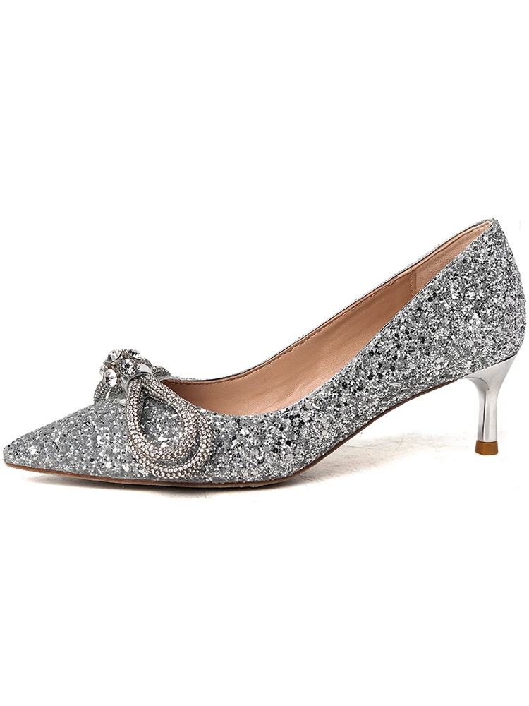 

High women's stiletto 2021 spring wild pointed shallow mouth single net red temperament sequined bow bridesmaid