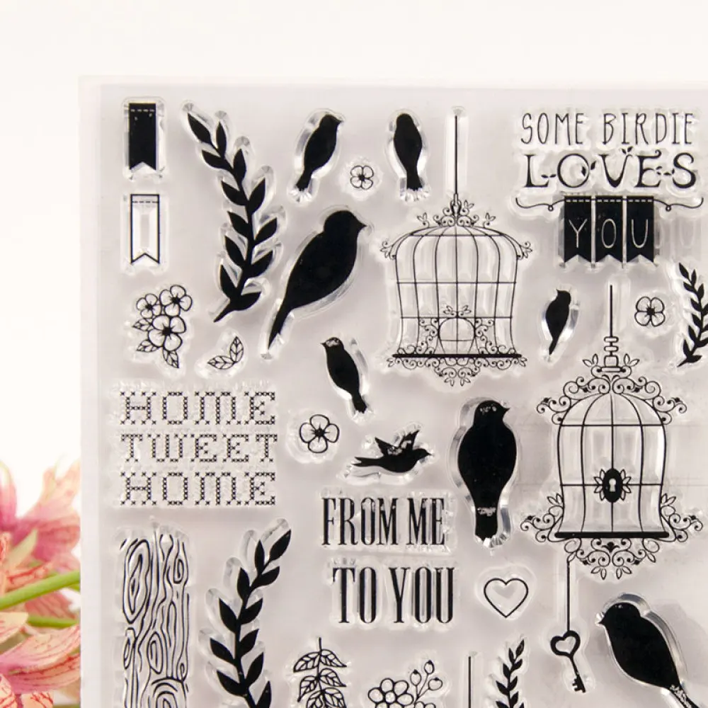 Клеточка с листьями и птицами прозрачный штамп в форме сердца силиконовые