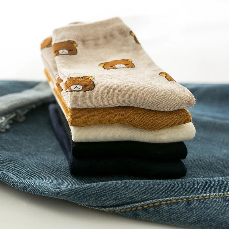 

2020 fashion cute kawaii cartoon women combed cotton socks harajuku women funny bear 5 colors lovely animal pattern casual sock