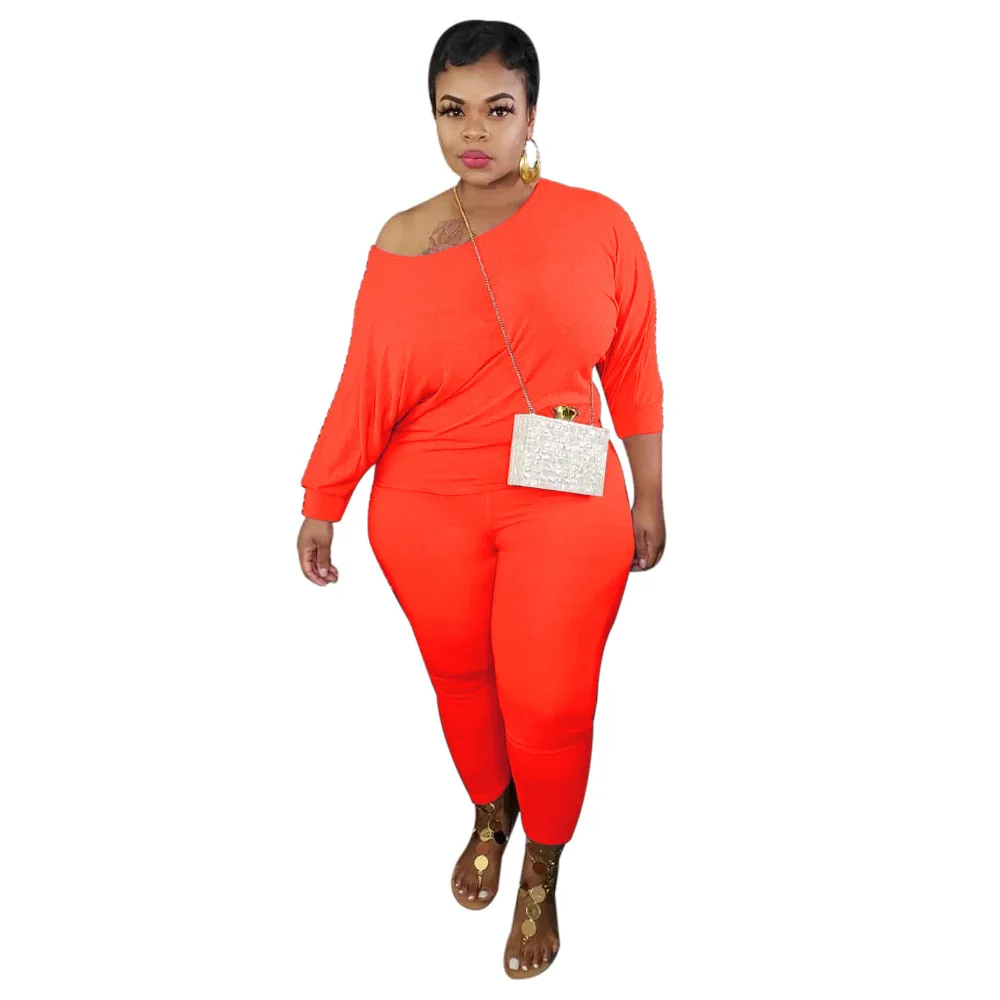 

Hot Selling Women Solid Plus Size Tracksuits Outfits Lady's Autumn Slash Neck Loose Tees High Waist Casual Pants Two Piece Sets