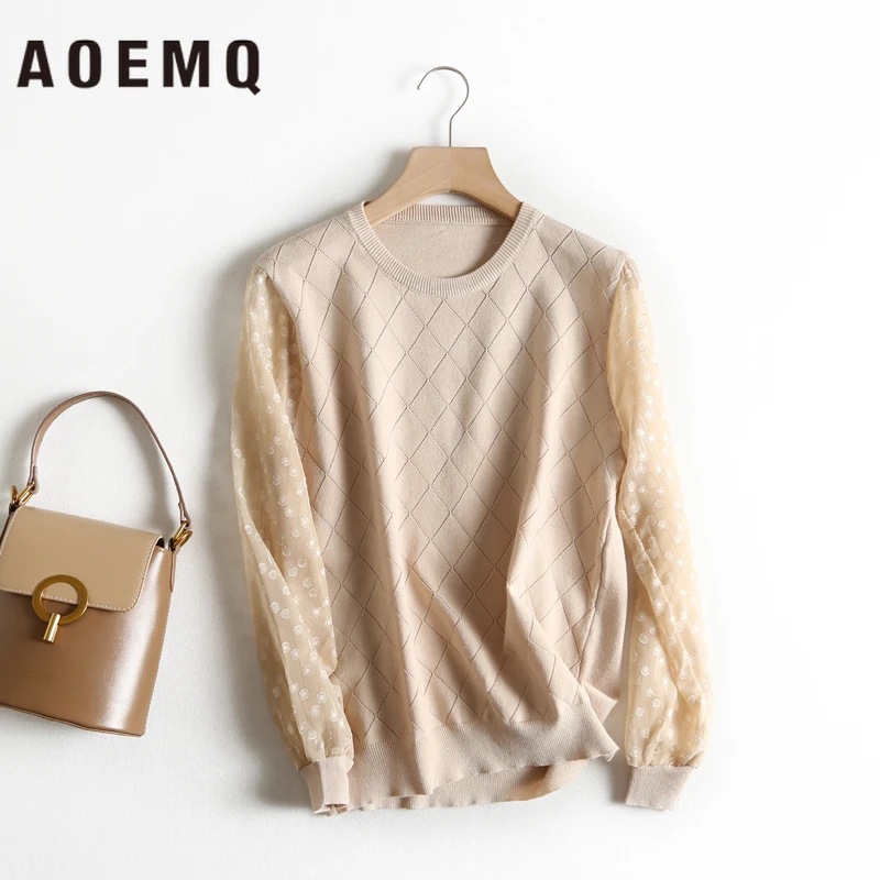 AOEMQ модные свитера один размер Полосатый Крест с цветочным принтом пышные рукава