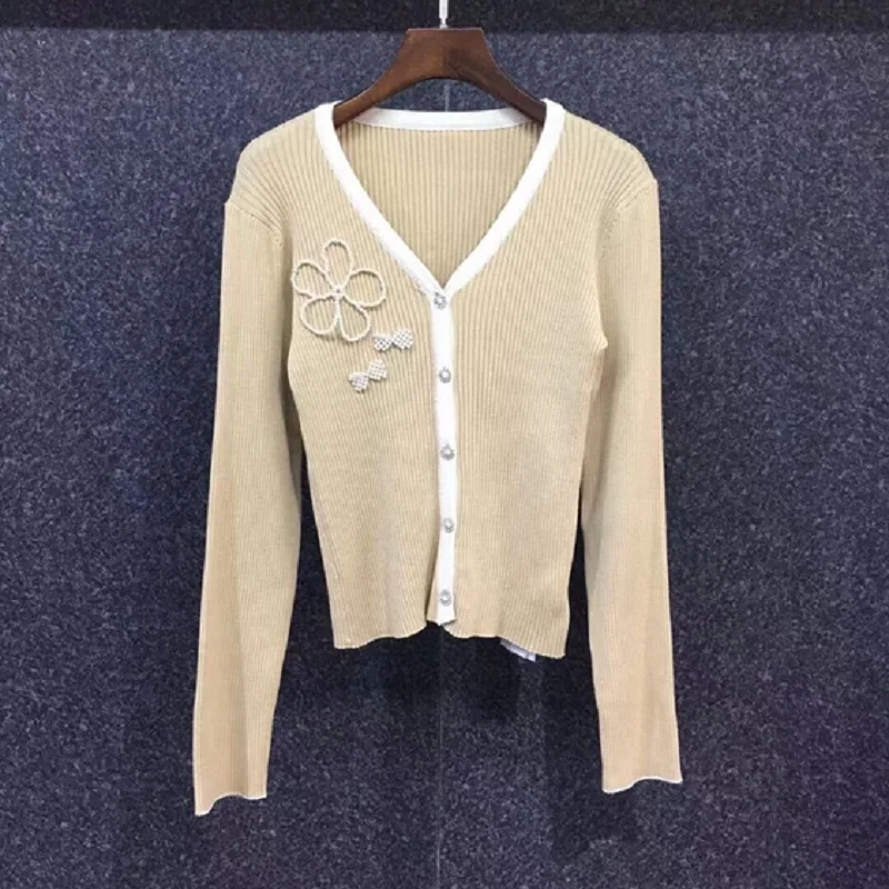 

High Quality Cardigans 2021 Autumn Casual Clothing Women V-Neck Beading Flower Patterns Long Sleeve Apricot Black Knitted Tops