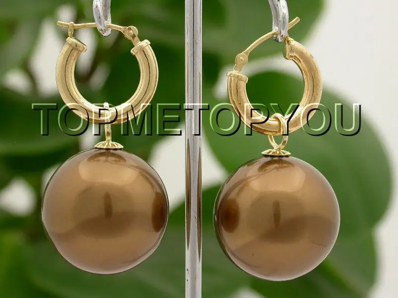&gt Подлинная AAA болтаются 20 мм кофе круглый жемчуг из морской раковины серьги 14 к