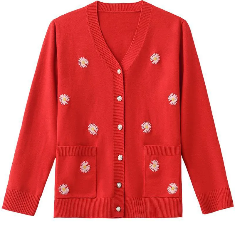 

Middle-aged Elderly Mother Spring Short Knit Cardigan Women V-Neck Long Sleeve Sweater Female Plus Size Thin Knitwear R711