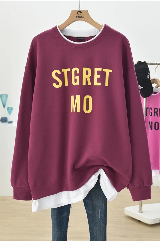 

2021 New Spring Mid-length Over Hip Fake Two-piece Sweatshirts for Women Loose O Neck Pullovers Top All-match Letter Oversized