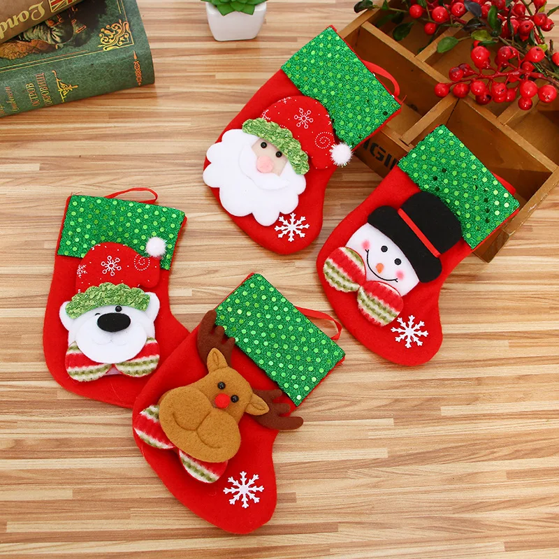 4pcs Mini Christmas Stockings 9x16cm 3D Kids Xmas Stocking Christmas Tree Ornaments Sequin Gift Bags New Year Decoration
