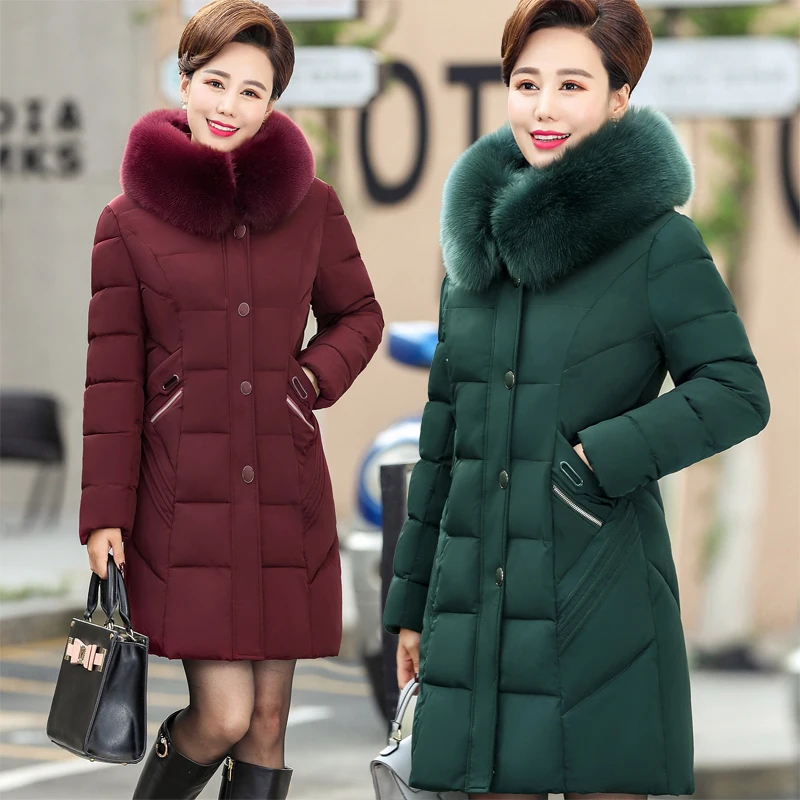 Middle-aged Winter Jackets Women Thicken Warm Cotton Coats Female Long Warm Down Cotton Coat Big Fur Collar Hooded Oversize Coat