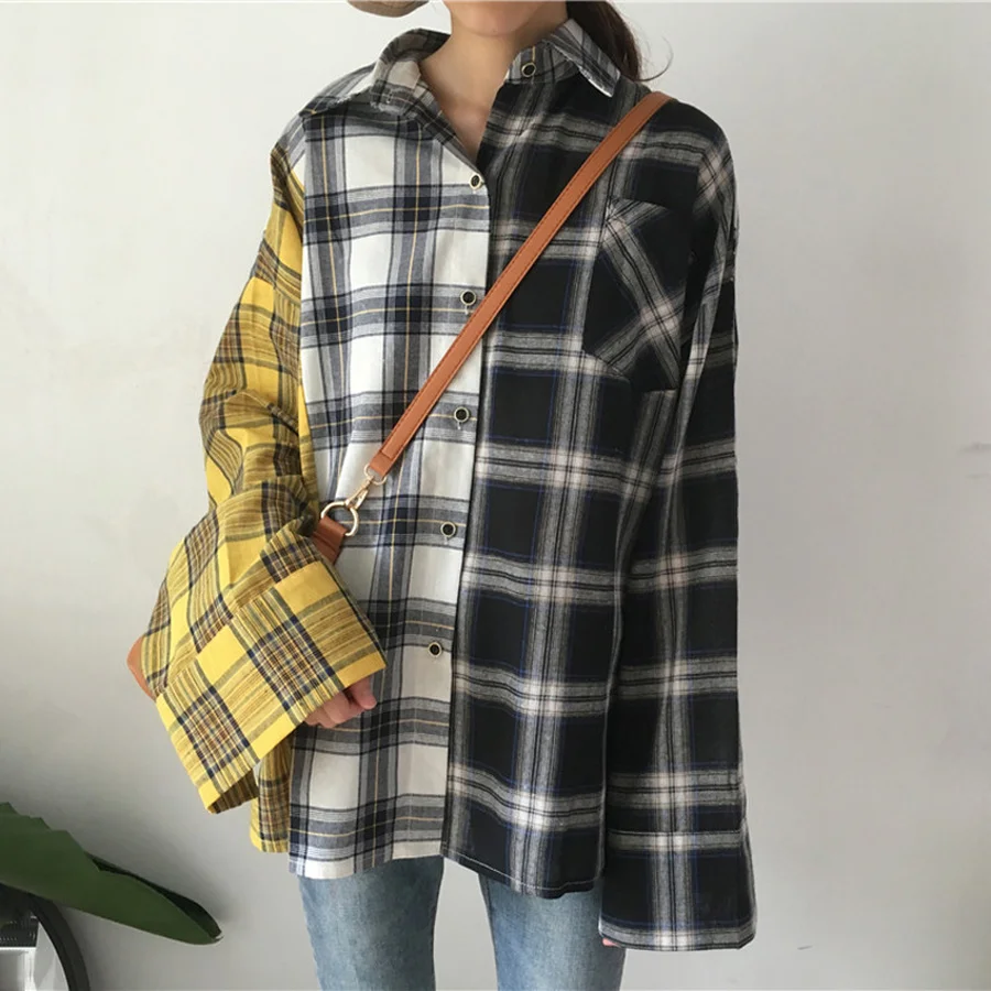 BTS клетчатая рубашка Женская хлопковая Лоскутная Повседневная Блузка с длинным