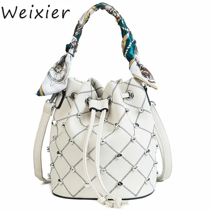 

WEIXIER NEW Women Scarf Bucket Bag Fashion Tassel Shoulder Bag High Quality Rivet Messenger Bags Female Crossbody Bag Tote V2-22