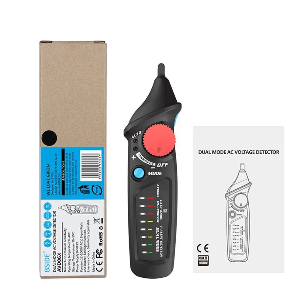 

BSIDE AVD06X Non-contact Voltage Detector AC 12-1000V Auto/Manual Dual Mode NCV Tester Live Wire Check Sensitivity Adjustable