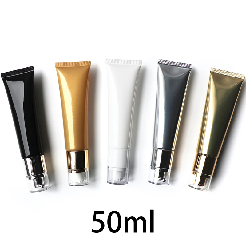 

Empty 50ml Cosmetic Pump Bottle White Black Silver Gold 50g Airless Squeeze Tube Makeup Foundation Cream Packaging Containers