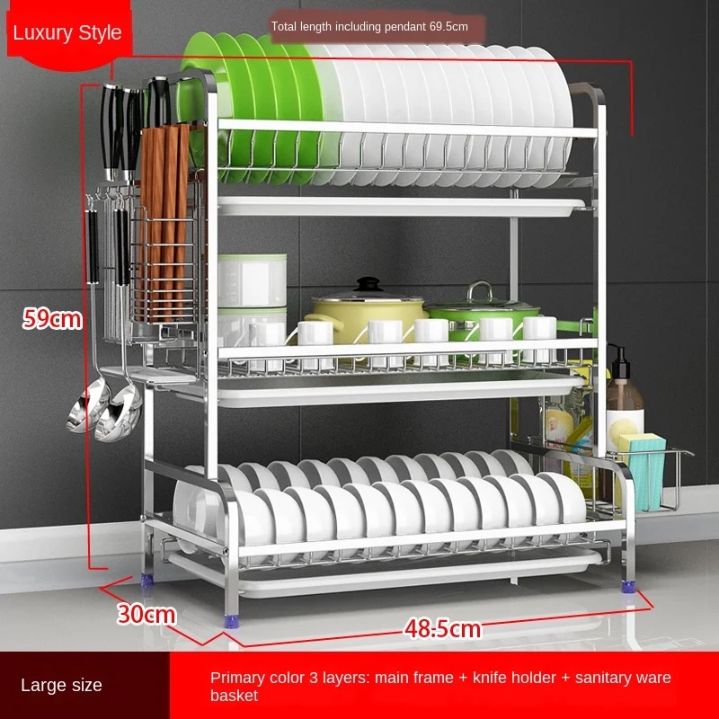 

304 Stainless Steel Kitchen Dish Rack Drain Rack To Dry The Tableware Dishes Plate Drain Cupboard Storage Box Shelf 2 Layers