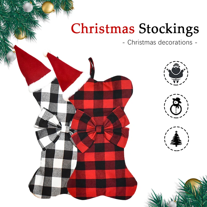 

1Pc Dog Bone with Bow Bowknot Christmas Stocking Polyester Gift Bag Xmas Decor
