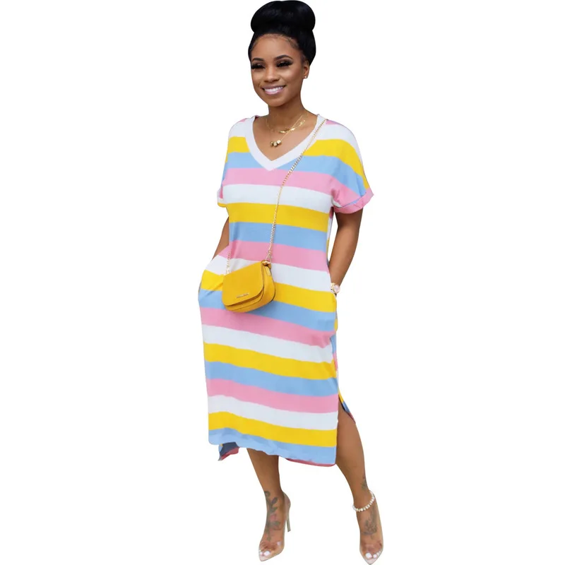 

Double Side Split Sexy Plus Size Dress 2021 Women Colorful Striped Print Club Party Dress Summer V Neck Short Sleeve Boho Dress