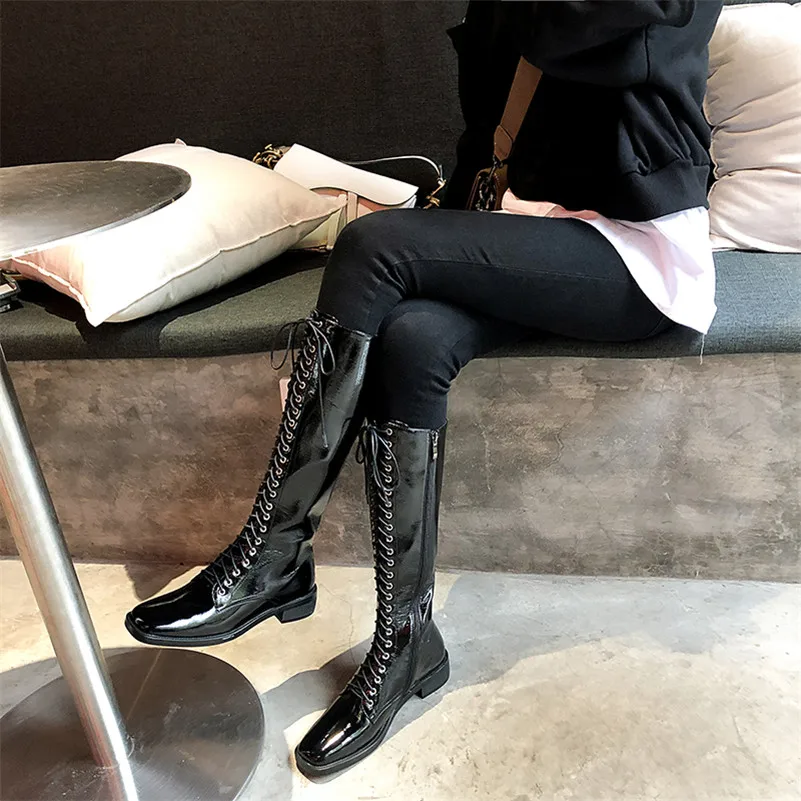 

Meotina Winter Knee High Boots Women Natural Genuine Leather Thick Heel Long Boots Zipper Square Toe Shoes Ladies Autumn Size 39