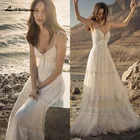 Платье Свадебное на бретелях-спагетти, пикантное бежевое кружевное, с глубоким V-образным вырезом, с открытой спиной, в стиле бохо, пляжная одежда для невесты, 2021
