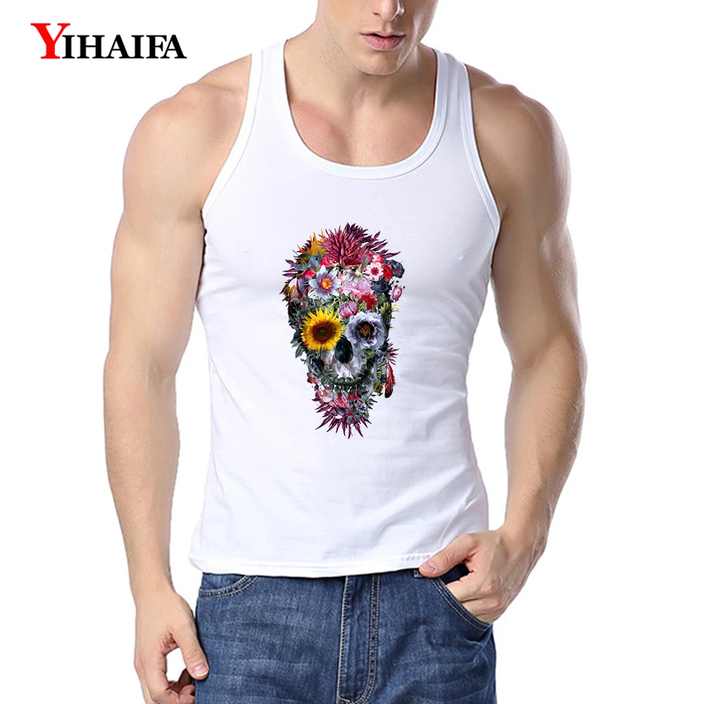 Мужская майка YIHAIFA Облегающая с цветочным принтом и черепом для фитнеса