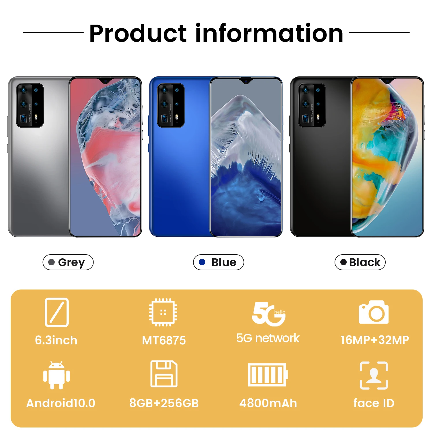 

Hot Sale P45 PRO 6.3 Inch Screen, With FACE Unlocking,FREE 128G Memory Card,4800mAh Smartphone 8GB RAM + 256GB ROM Smartphonr