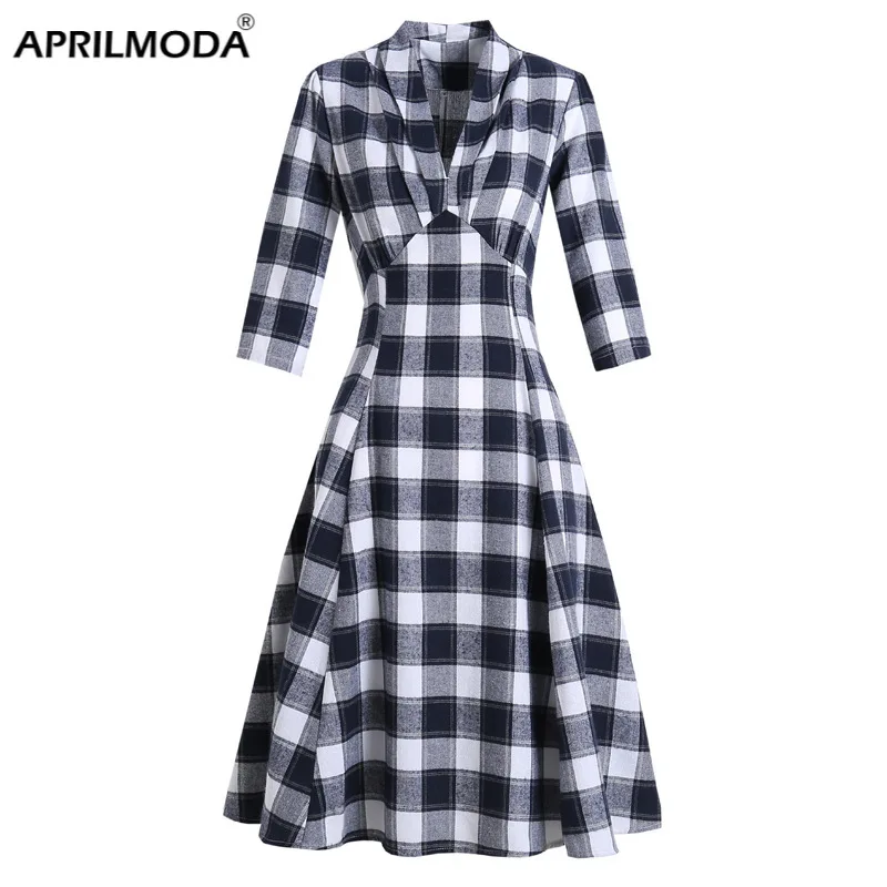 Женское платье в клетку с длинным рукавом 50s 60s Rockabilly осенне зимнее элегантное