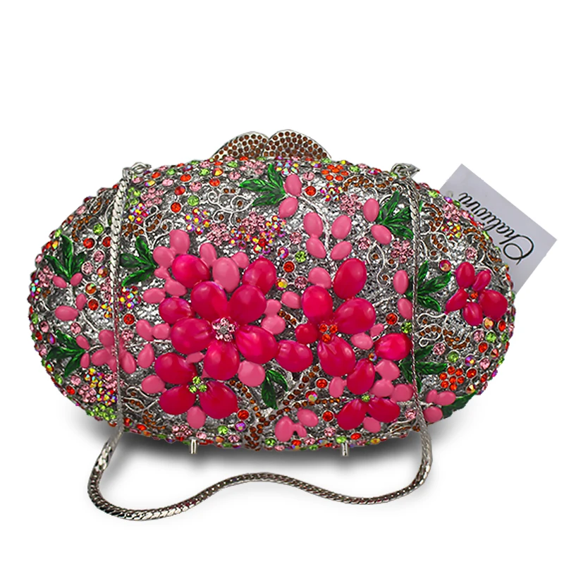 Dazzling Women Gold Rose Flower Hollow Out Crystal Evening Metal Clutches Small Minaudiere Handbag Purse Wedding Box Clutch Bag