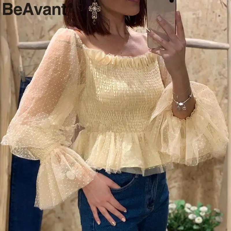 BeAvant Сетчатое платье фонарь с рукавом в горошек блузка женская открытой спиной