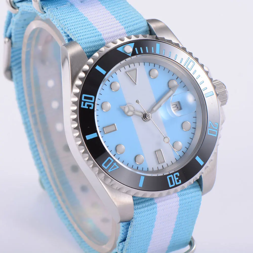 

40MM Blue White Dial MIYOTA 8215 Automatic Men's Wristwatch Sapphire Glass Ceramic Bezel Seeing Case Back