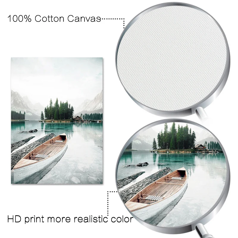 Северный горный лес природа пейзаж холст картина лодка озеро зеленый завод Бивер