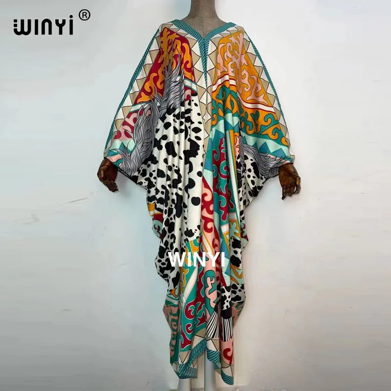 2021 Middle East Fashion Print Twill WINYI Maxi Dress African Women Abaya Robe Long Dress Beach V-neck Bohemian Dress
