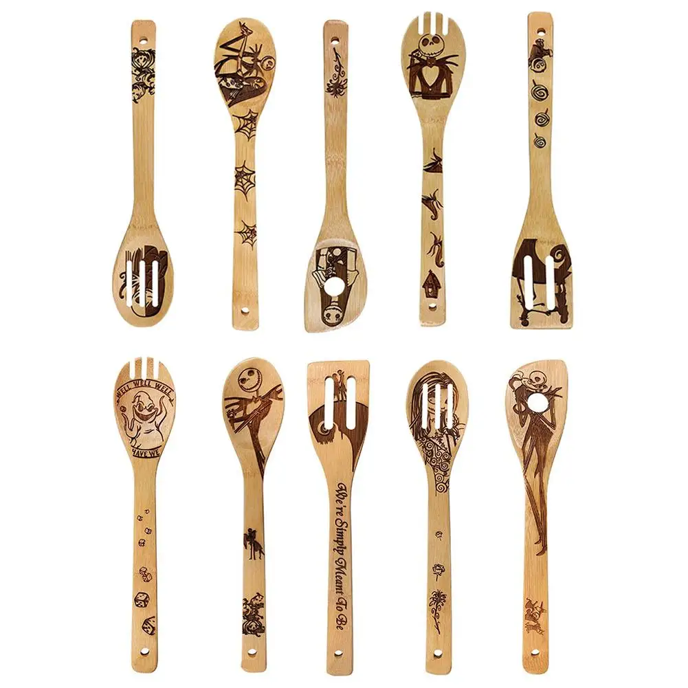 

Набор деревянных ложек, 5 шт., набор деревянных ложек для Хэллоуина, антипригарная кухонная утварь, набор кухонной утвари из натурального ба...