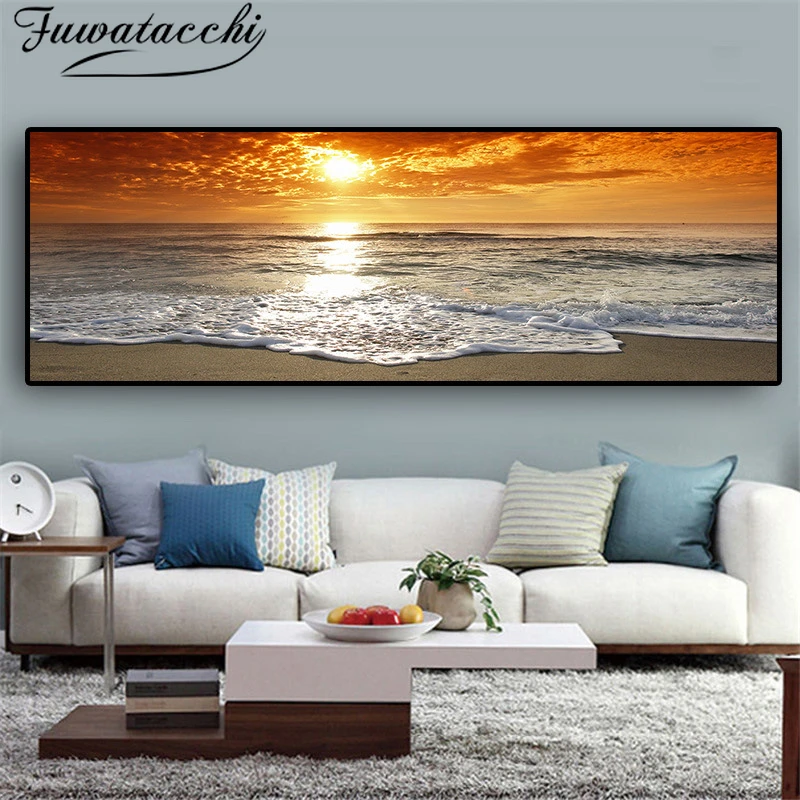 Fuwatacchi Sunset Beach Canvas Oil Paintings Wall Art Pictures for Home Living Room Decor No Frame Posters and Prints Wholesale | Дом и сад