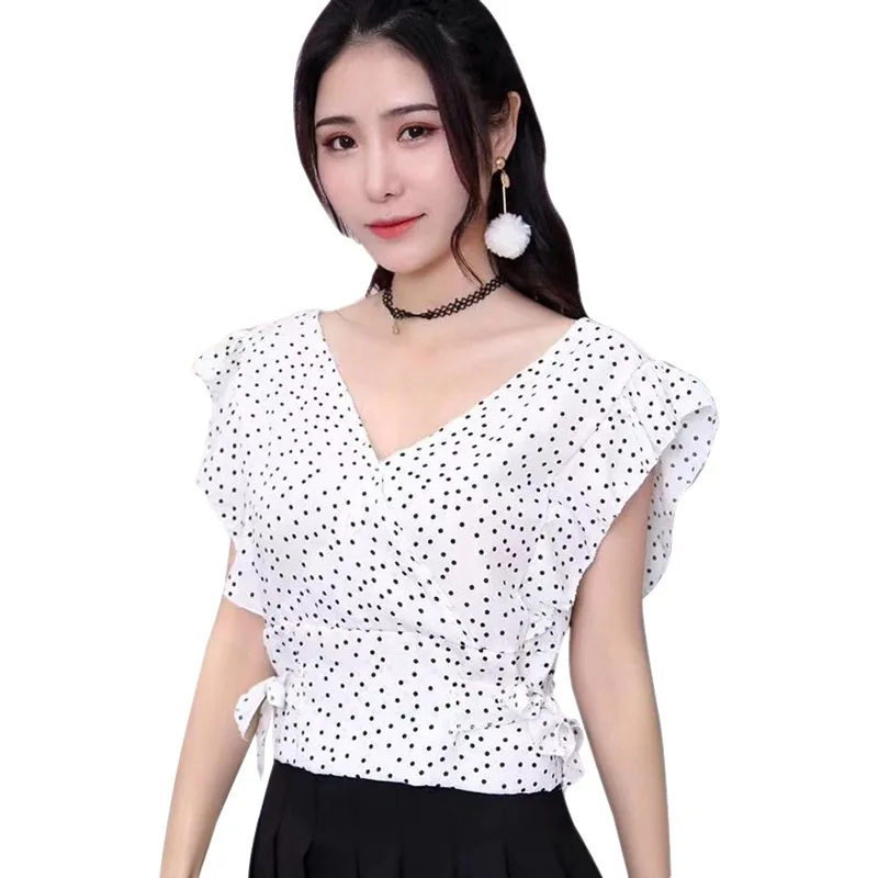 Женская шифоновая блузка в горошек с V образным вырезом и коротким