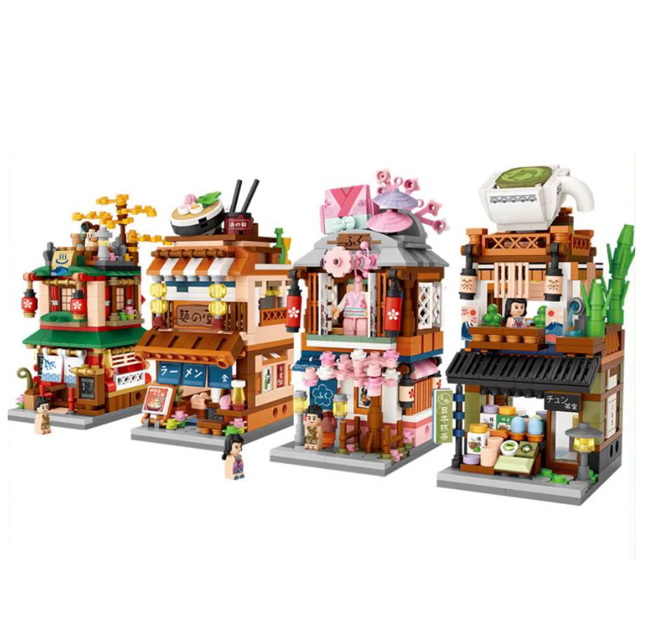 Japan City street view mini block hot spring Japanese Ramen Restaurant Matcha Kimono shop building bricks toys for kids gift