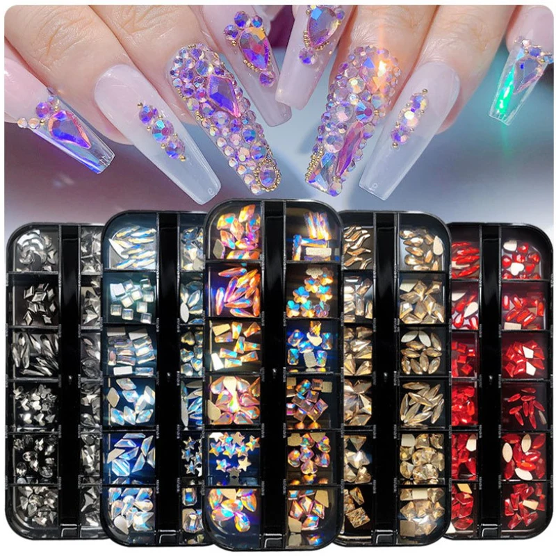 

12 Grids/ Box Mixed AB Flat Glass Crystal Red Champagne Diamond In And Flatback Nail Art Rhinestone Set WithPick