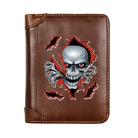 men genuine leather steampunk skull short wallet male multifunctional cowhide male purse coin pocket photo card holder