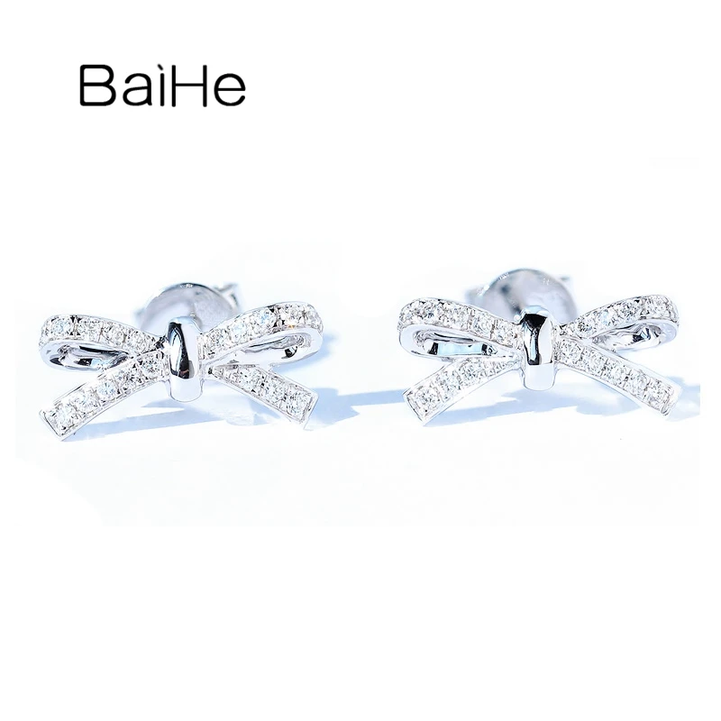 

BAIHE Твердый 14K белое золото 0.16ct H/SI круглый натуральный бриллиант Модные женские серьги ювелирные изделия бантом серьги-гвоздики для девочек...