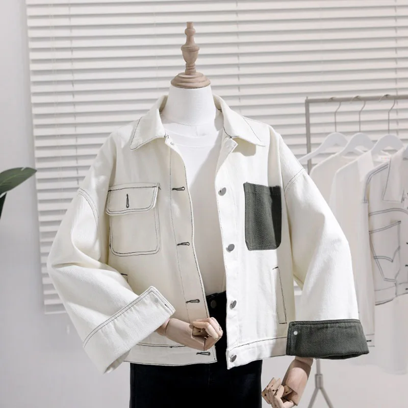 

Korean Loose Short Color matching Women Beige Denim jacket Long sleeve Single breasted Spring Autumn 2021 Casual Chaquetas mujer