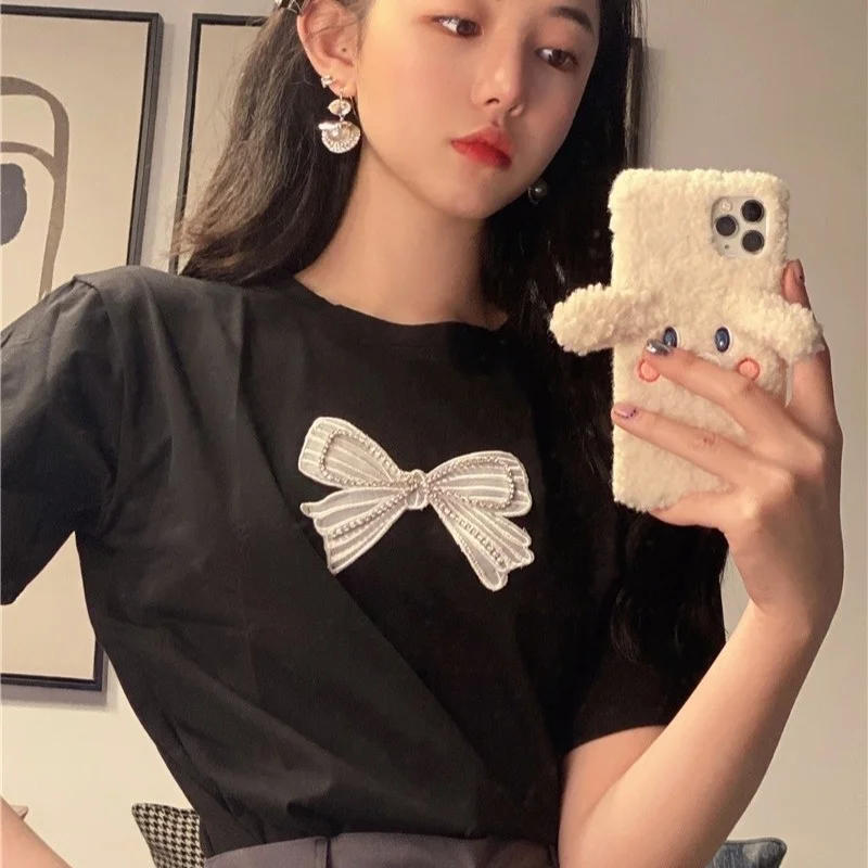 Лето 2021 новинка бант в стиле преппи футболка с коротким рукавом и бантом