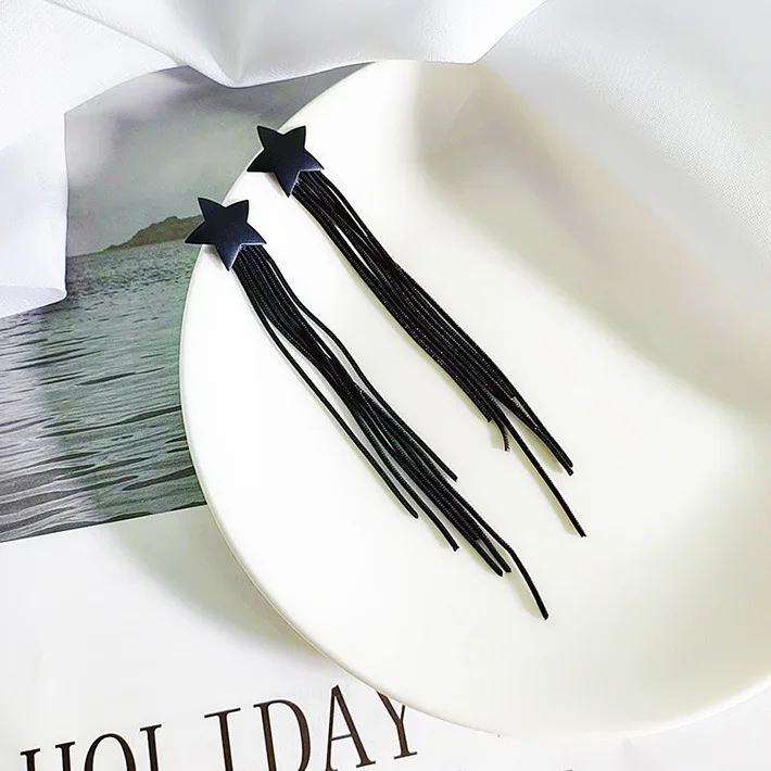 Корея новые элегантные черные звезды змея цепи кисточкой длинное эффектное