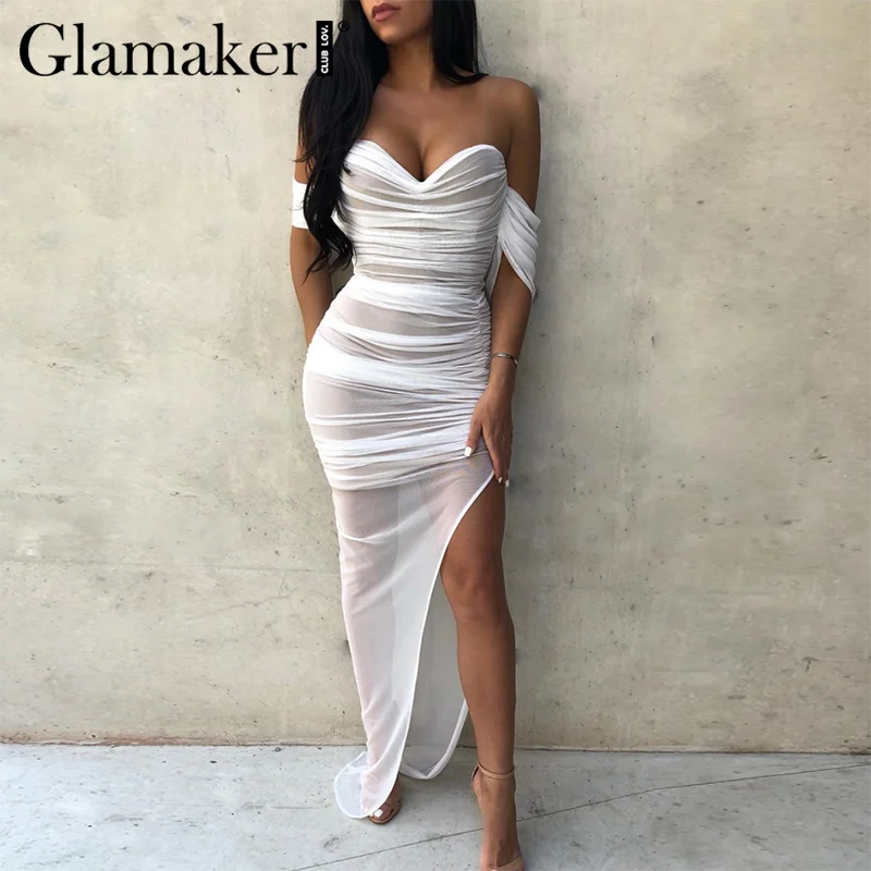 Женское прозрачное Сетчатое платье Glamaker белое Плиссированное вечернее с