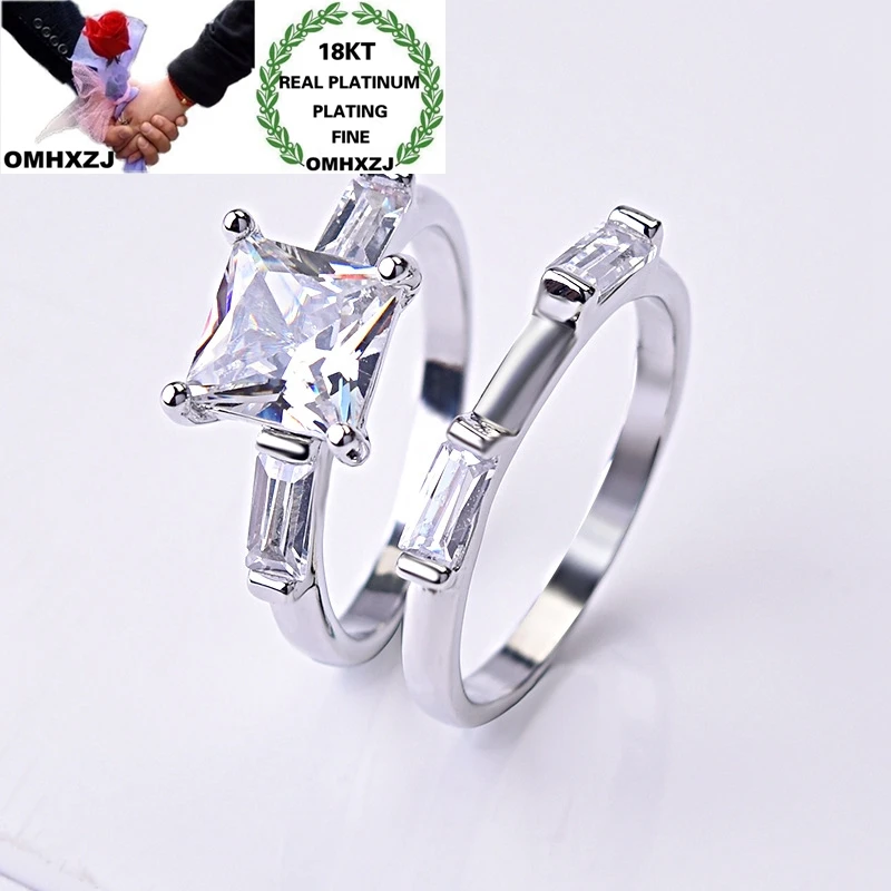 

OMHXZJ Wholesale RR1155 European Fashion Fine Woman Girl Party Birthday Wedding Gift Square AAA Zircon 18KT White Gold Ring Set