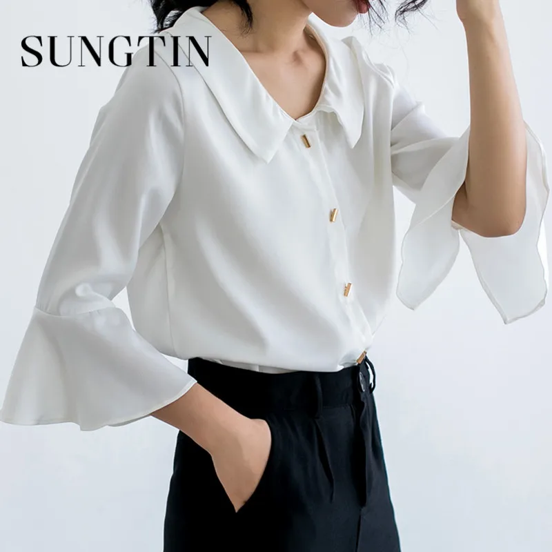 Рубашка Sungtin Женская с воротником Питер Пэн Офисная Элегантная блузка