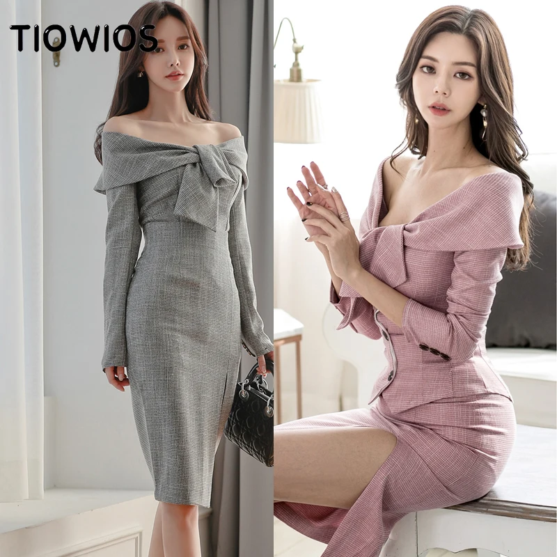 

TIOWIOS 2021 New Woman Two-piece Winter Korean Version Temperament Slim Sexy Collar Fashion Hip Skirt Suit